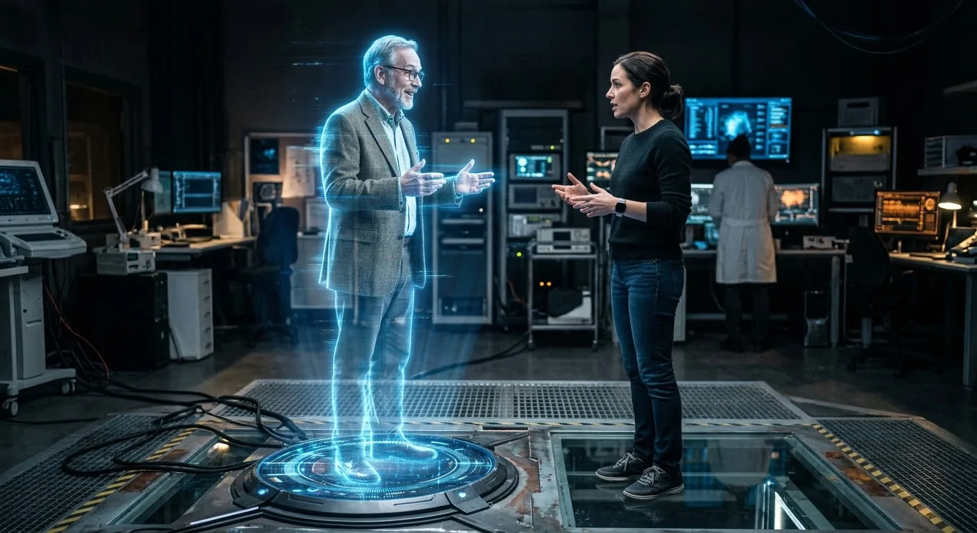 An illustration of a woman talking with a holographic projection of an older man, built from his preserved memories.